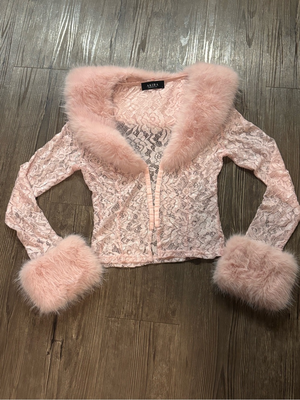 AKIRA Blush Pink Lace Jacket with Faux Fur Trim